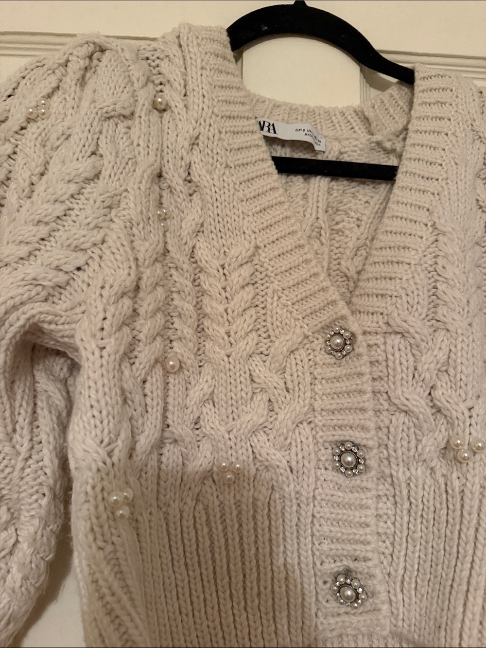 Zara Cream Cable-Knit Pearl Embellished Cardigan - Picture 2 of 2